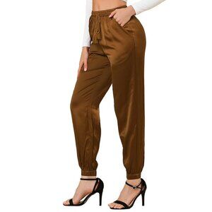 Allegra K Women's Drawstring Elastic Waist Athleisure Pants Ankle Length Satin J